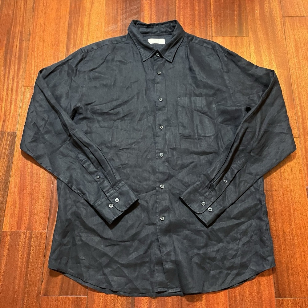 Uniqlo 100% Linen Shirt Mens XL Navy Blue Button Up Long Sleeve Preppy Casual